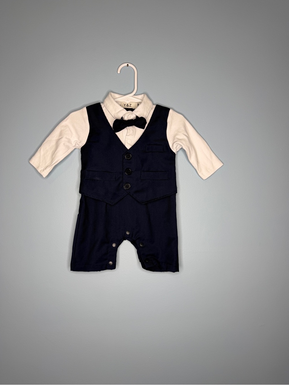 Navy and White Infant Vest Romper with Bow Tie